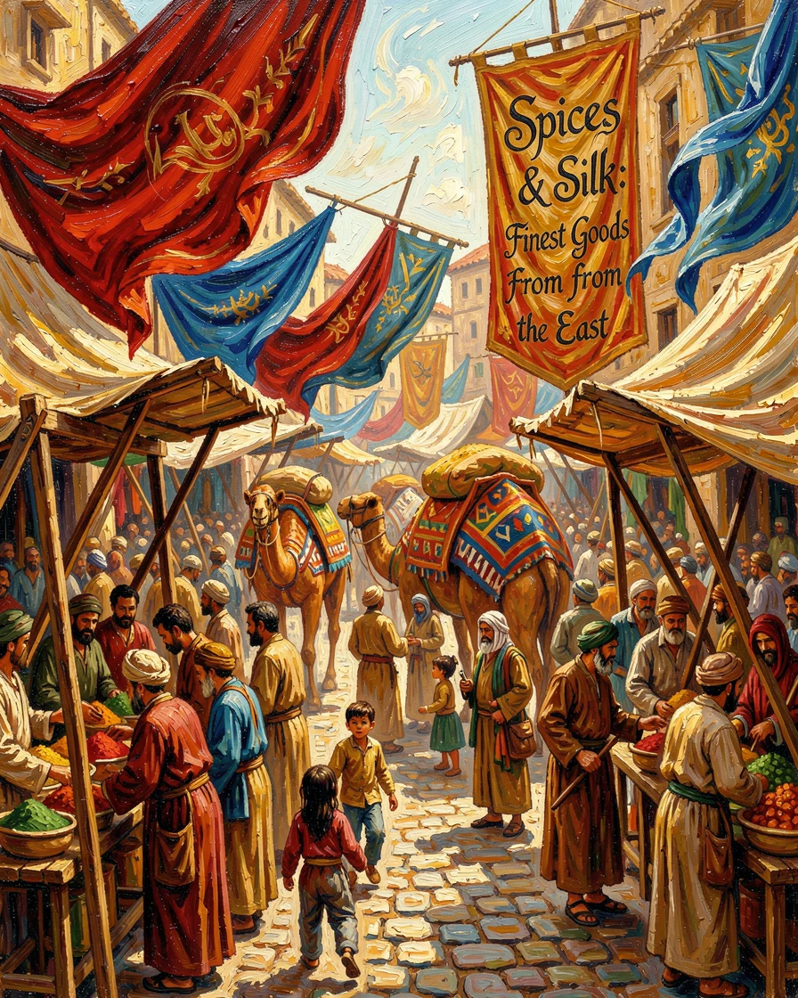 An ancient marketplace bustling with merchants, silk banners, and caravans of spice traders.