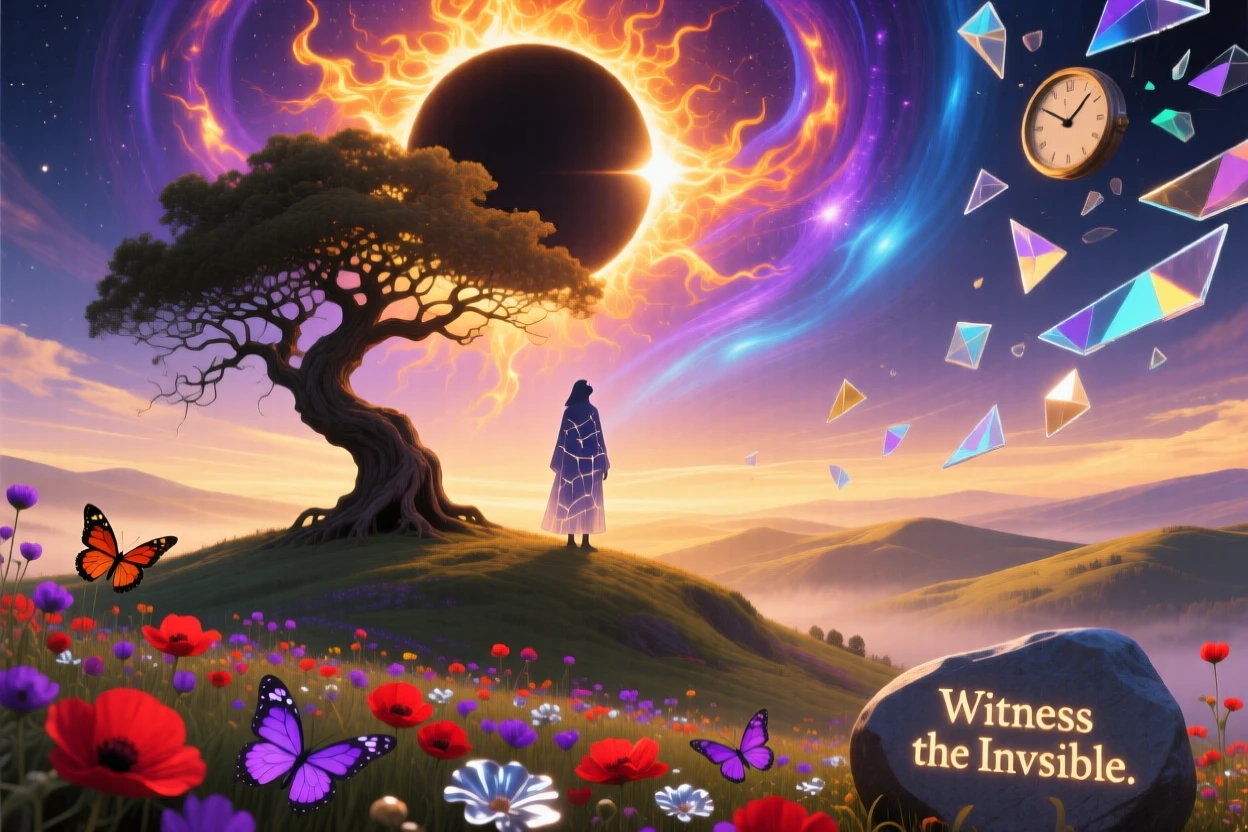 A solar eclipse framing a lone tree on a distant hilltop illuminates a single figure standing in awe beneath it, as a soft golden light spills over distant sleeping hills.