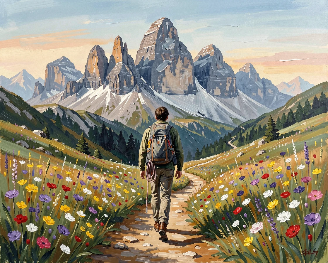 A solo hiker follows a winding trail through a field of wildflowers in the Dolomites, dramatic peaks rising sharply in the distance, small gear details, like worn boots or coiled rope, hinting at the effort behind the moment.