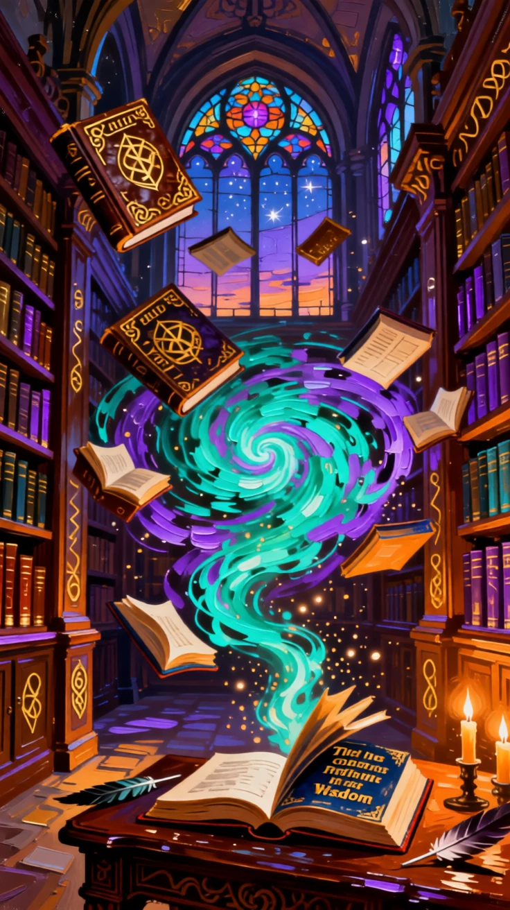 A mystical library where books float and pages turn themselves in swirling light
