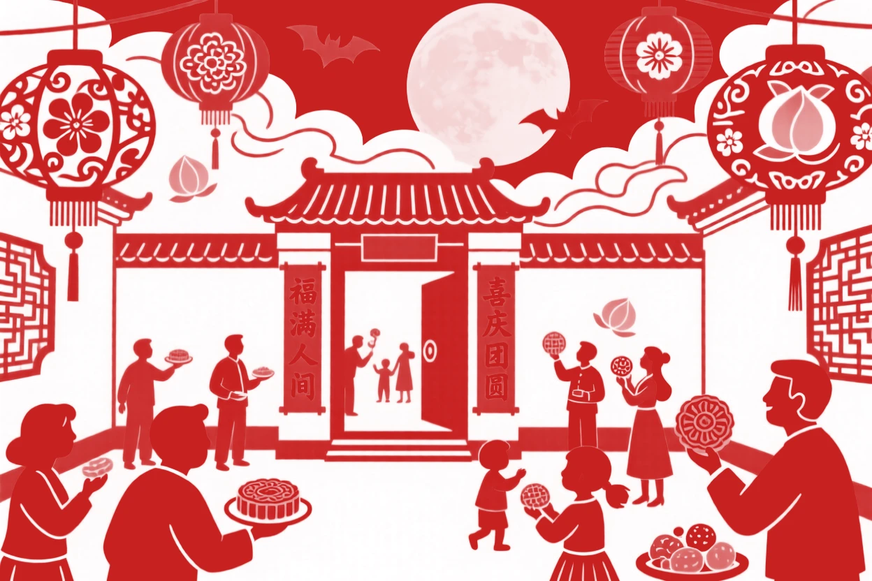 A scene of a courtyard strung with red couplets and lanterns, crowded with cheerful visitors sampling festival treats, with a full moon rising behind paper-cut silhouettes.