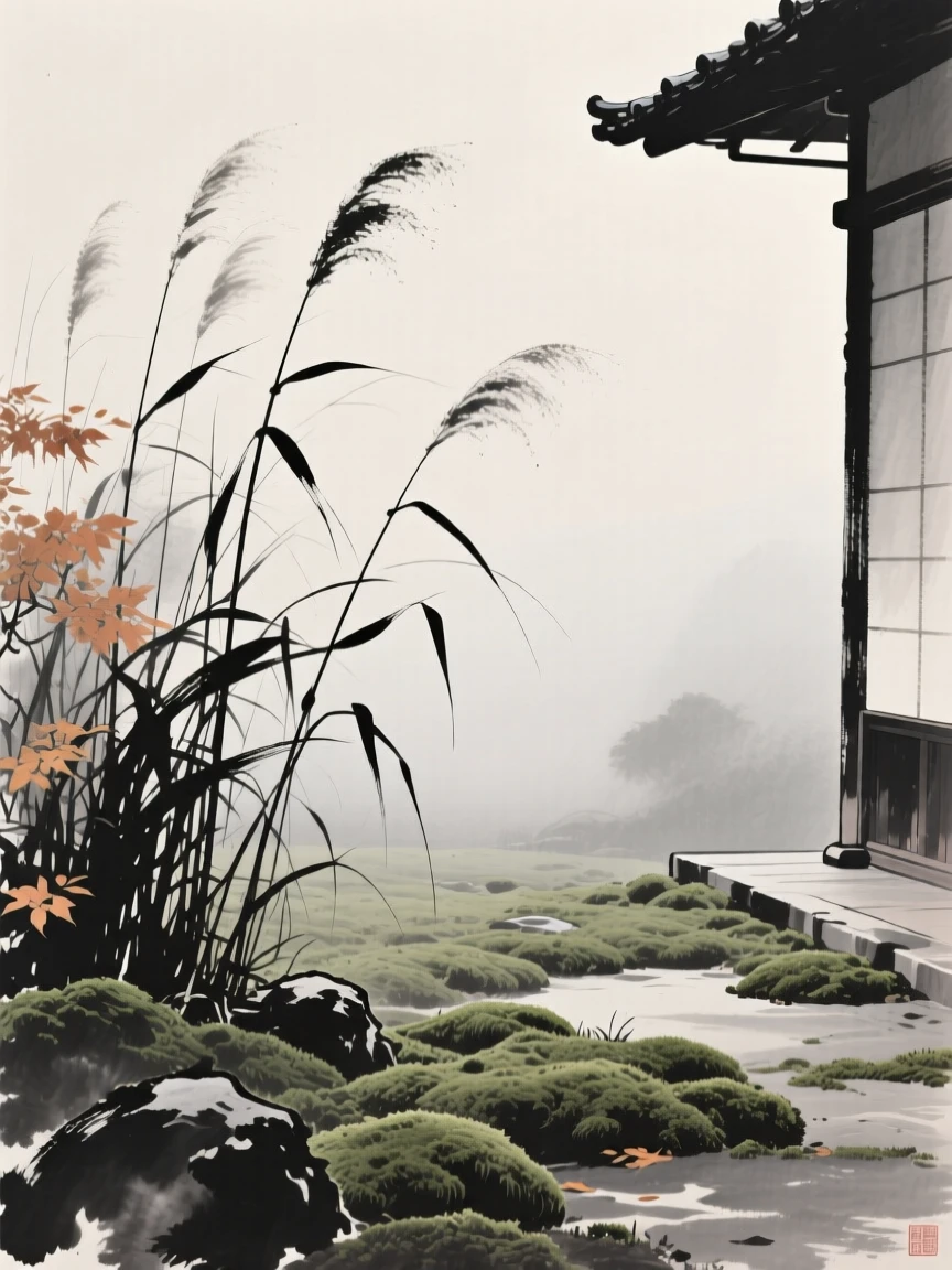 A stand of autumn reeds at the edge of a moss-covered courtyard, set against a soft gradient of misty background, capturing a delicate, transient moment in bloom.