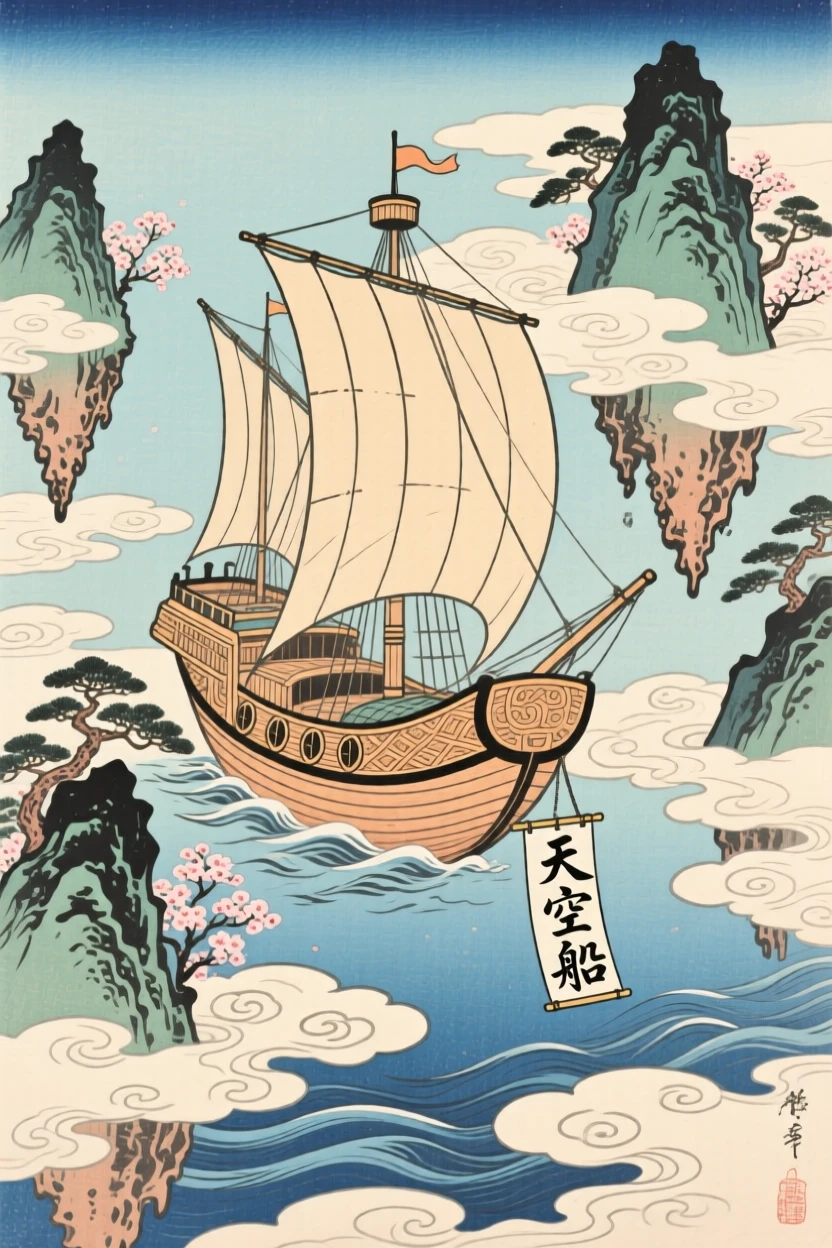 A sky ship sailing between floating mountains, suspended high above the clouds.