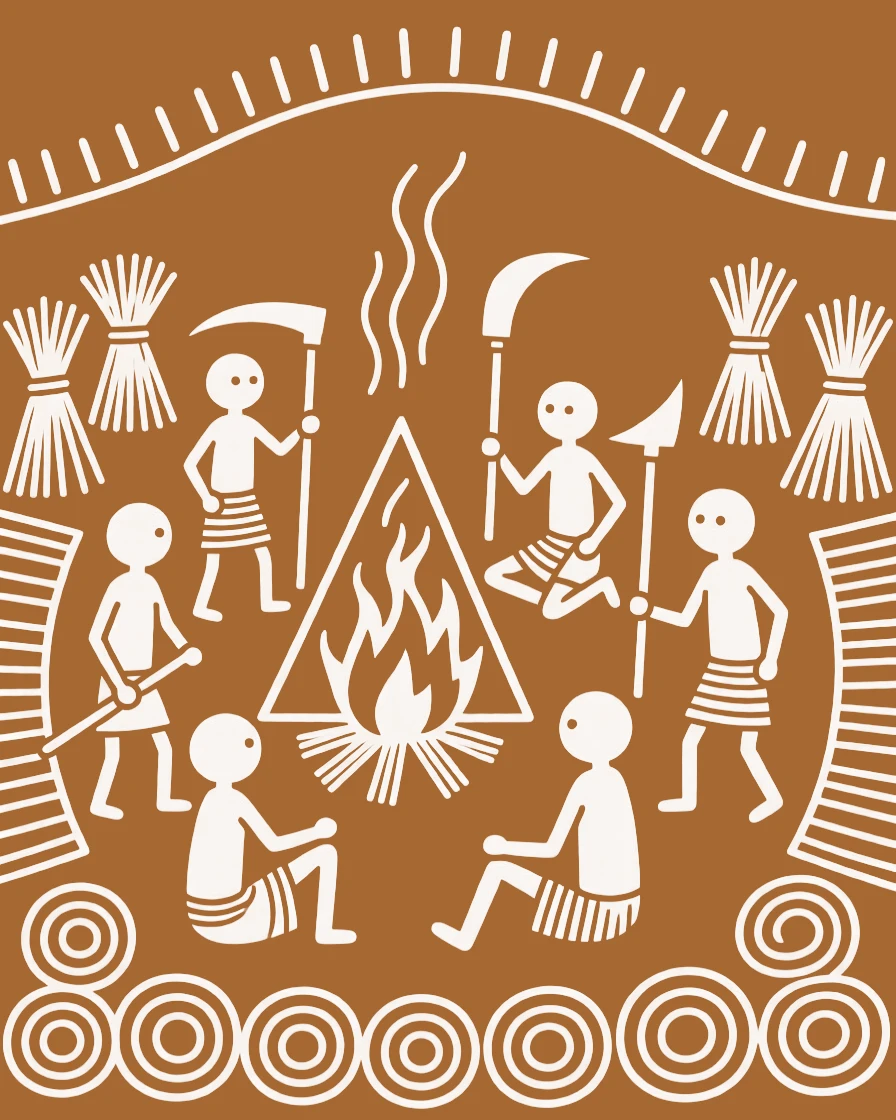 A group of farmers gathering around a fire after the harvest is complete.