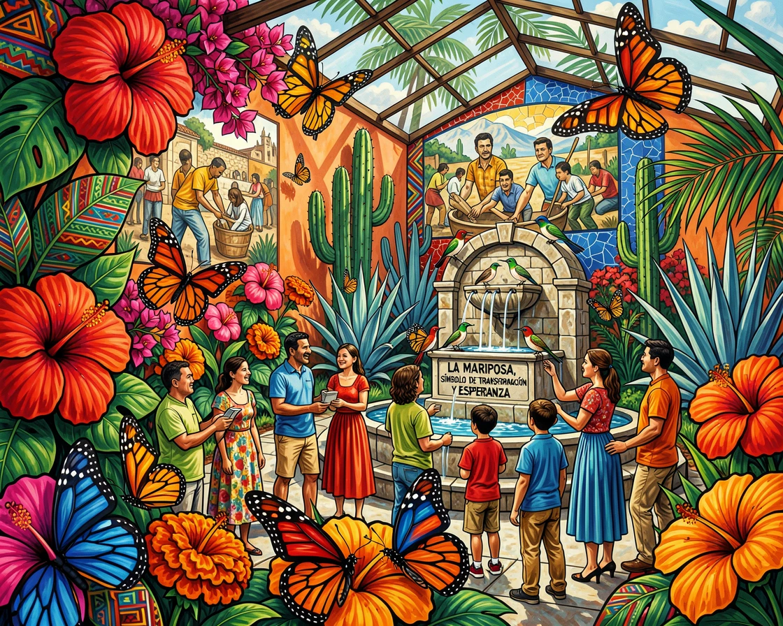 A butterfly conservatory filled with tropical blooms