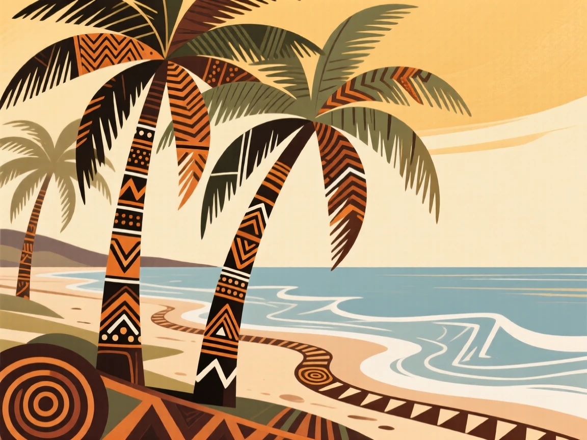 A coastal shoreline with palm trees swaying in the breeze.