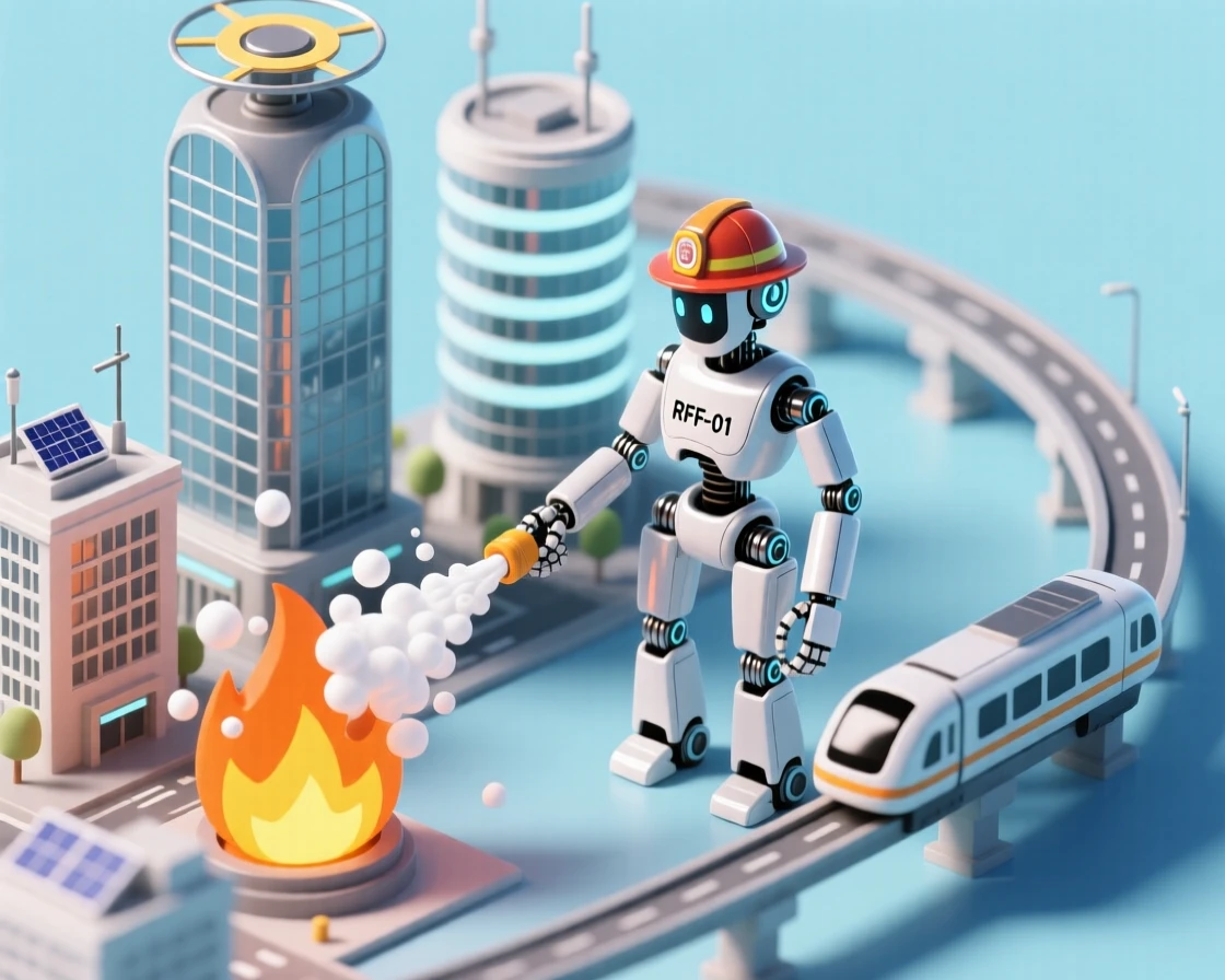 A robotic firefighter dousing a blaze with precision foam in a gleaming futuristic cityscape.
