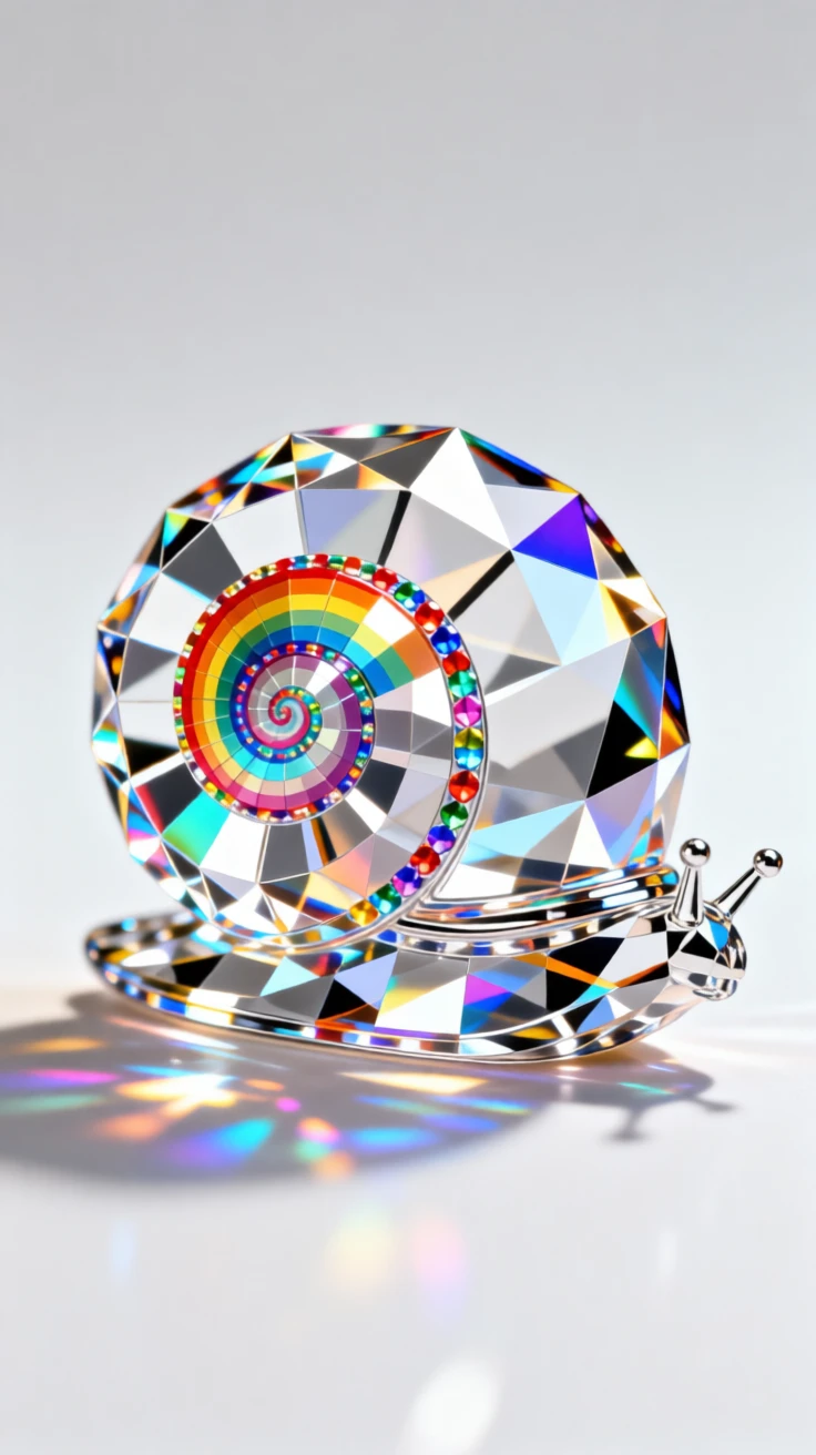 A miniature snail shell painted with a tiny rainbow spiral pattern.