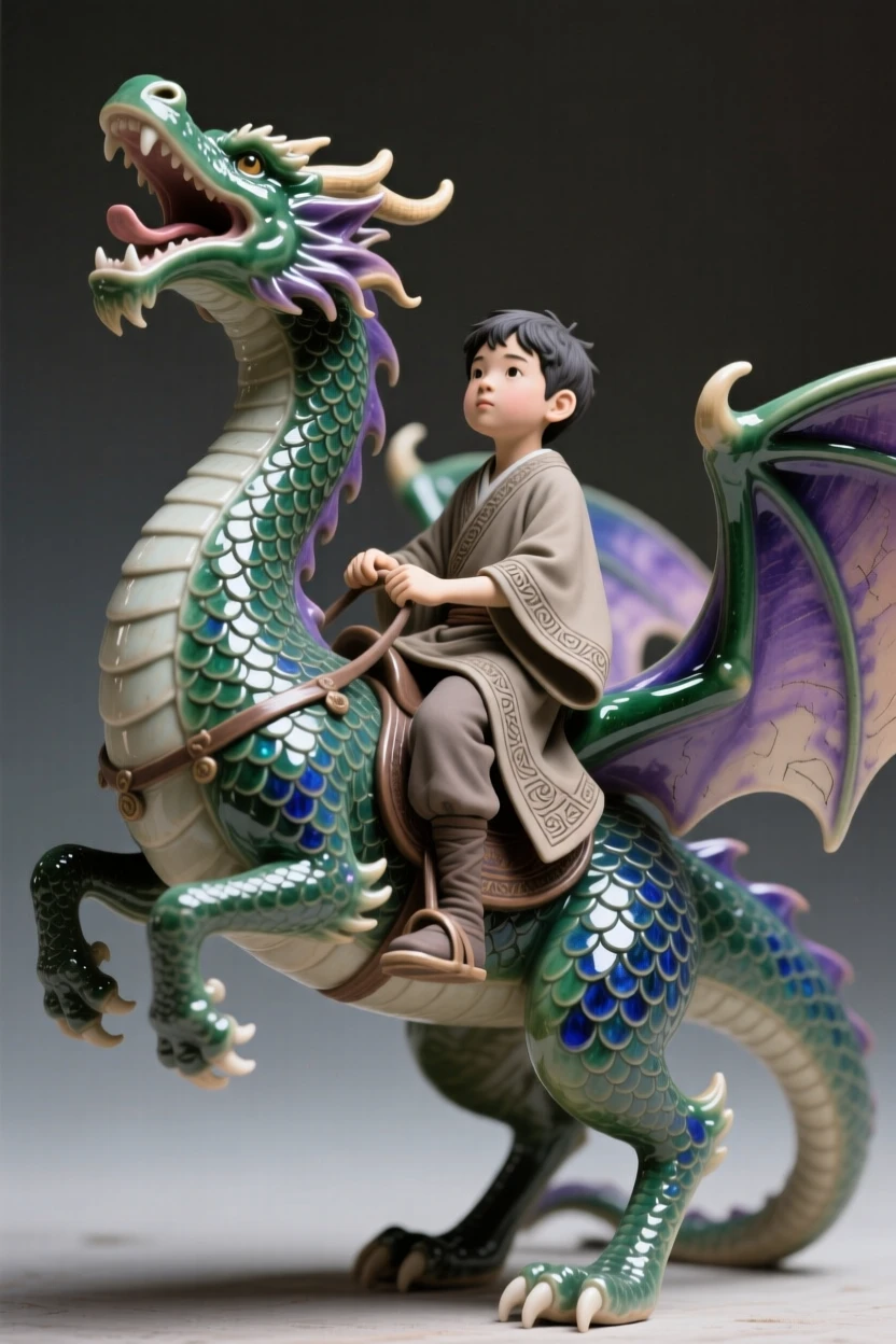A young apprentice riding atop a friendly dragon rearing on hind legs in triumphant display, with scales that seem to shimmer like jewels, capturing the enchantment of forgotten legend.