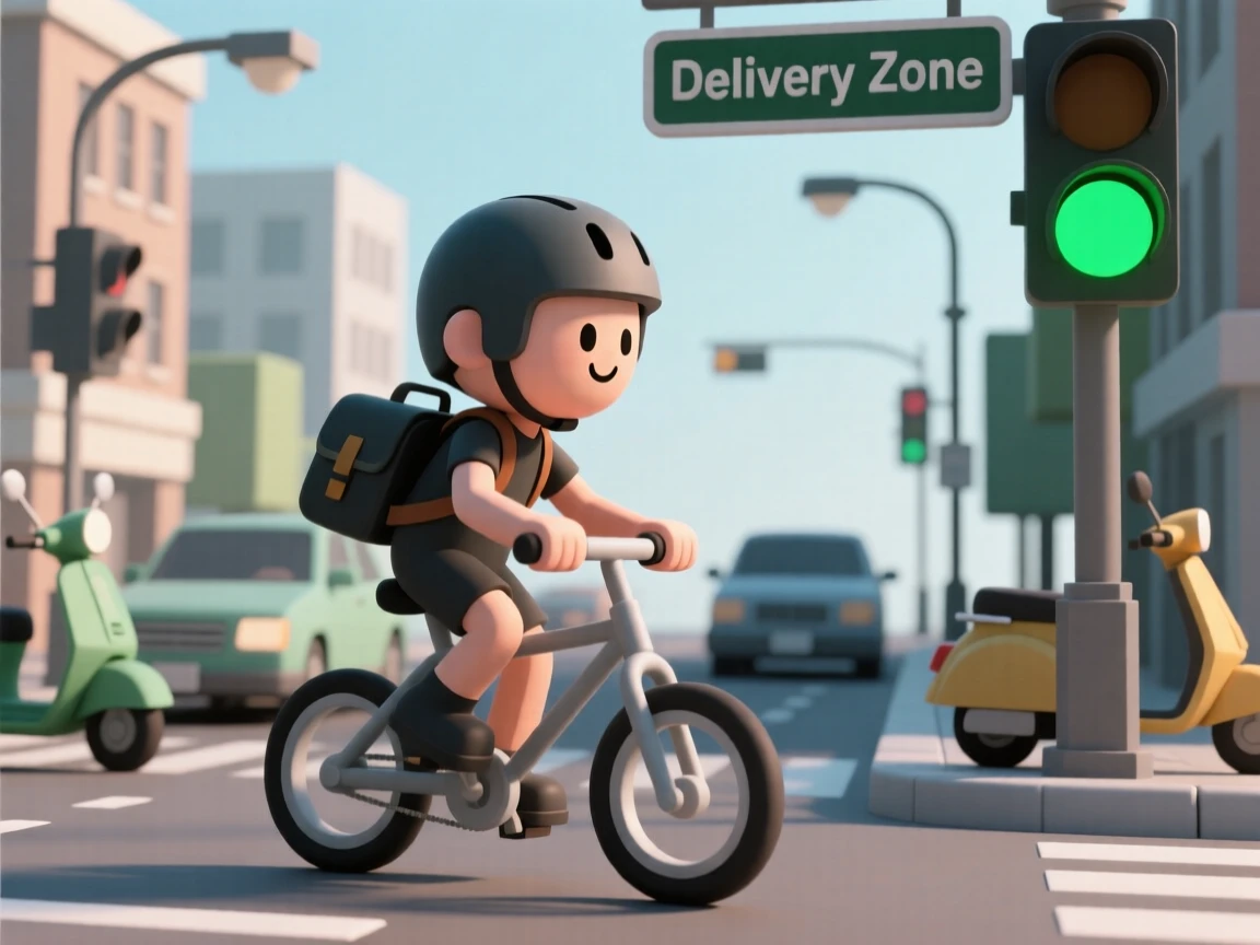A determined city cyclist weaves cheerfully through morning traffic, messenger bag bouncing with delivery packages.