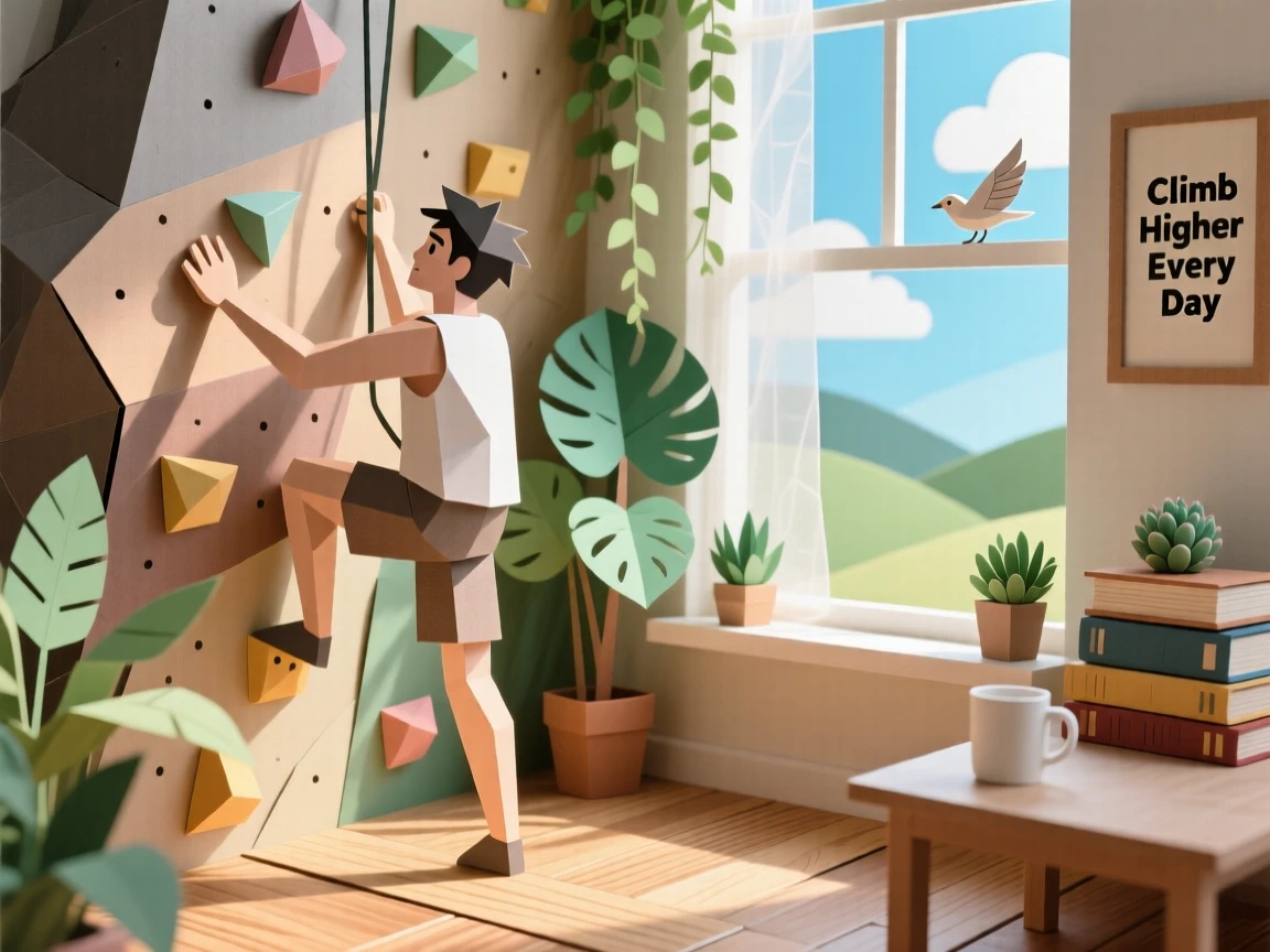 A determined rock climber working in a sunlit studio, with nature framing the scene beautifully, evoking creative passion and focus.