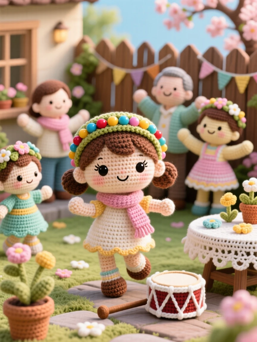 a little girl wearing a beaded festival headpiece, for a celebration of spring, is shown dancing joyfully with friends in a cozy family courtyard set for a celebration beside a small drum resting nearby, capturing heartfelt togetherness during a special gathering.