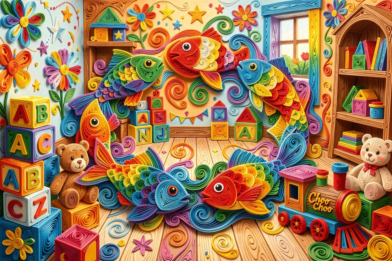 A whimsical children's scene of a school of rainbow fish swimming in a circle in a colorful playroom filled with toys, in a cheerful rainbow palette, composed with a fun, exaggerated sense of scale.