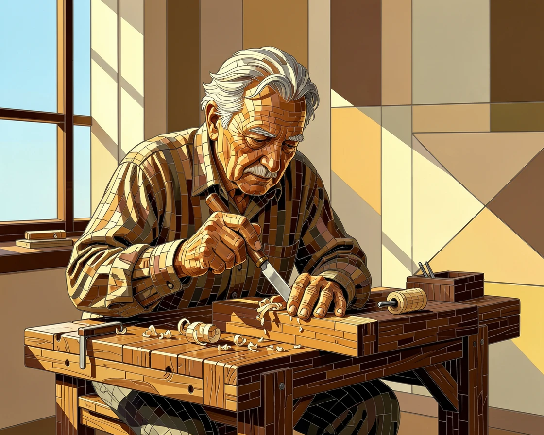 An elderly craftsman carefully carving wood in his sunlit workshop.