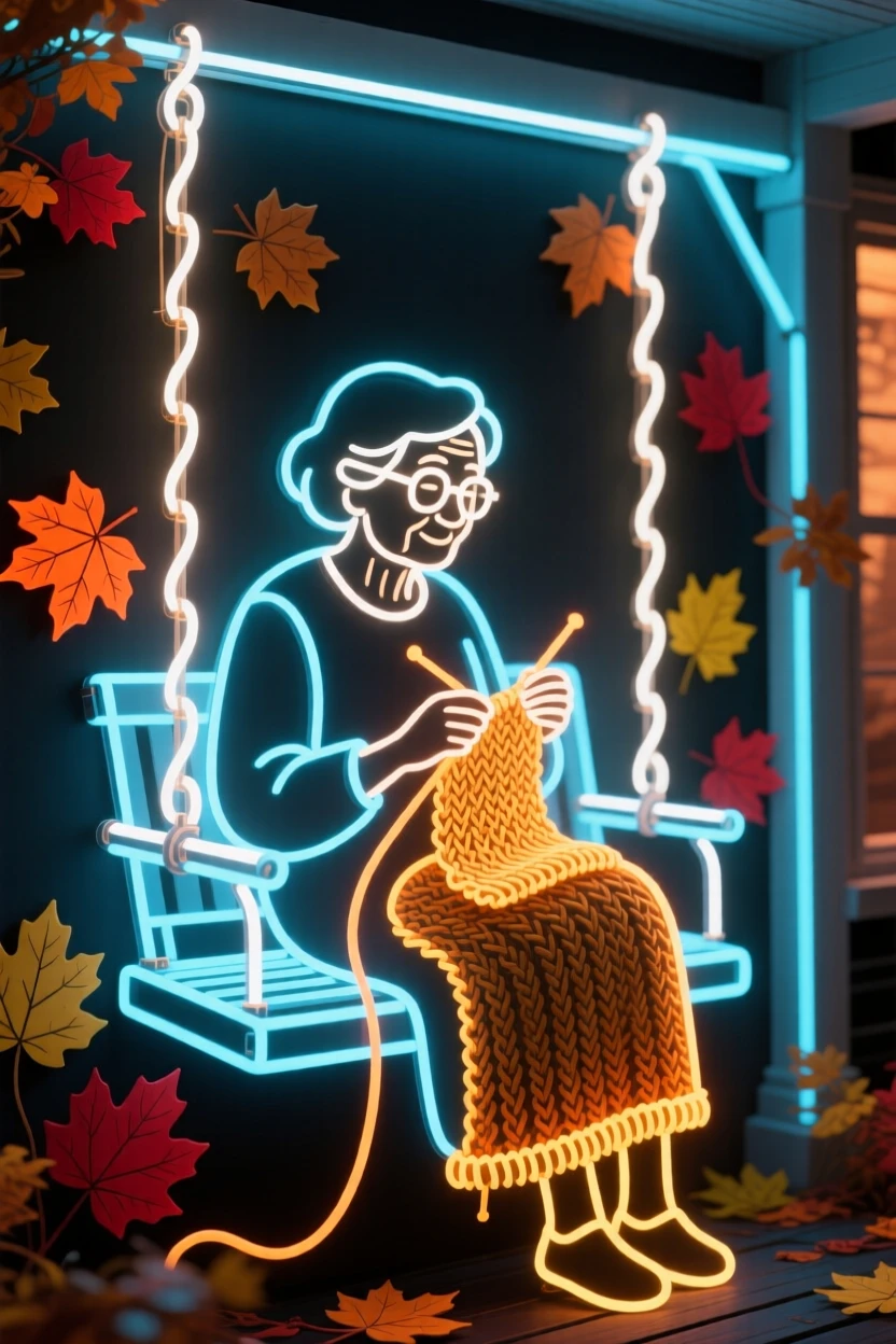 A grandmother knitting on a porch swing surrounded by autumn leaves.