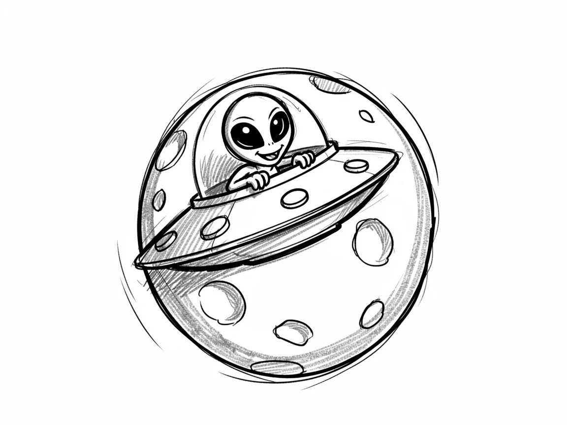 A tiny alien peeking out of a flying saucer on the surface of a cheerful cartoon moon.