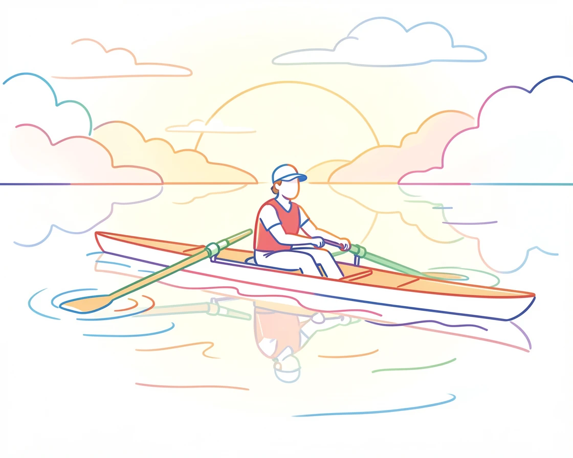 A rower gliding across a still lake at the first light of dawn.