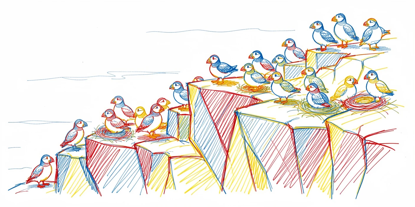 A colony of puffins nesting along a rugged coastal cliffside