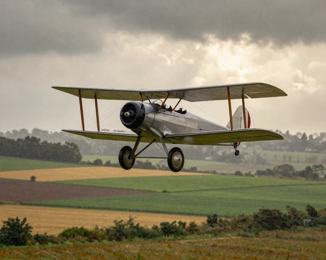 A restored biplane drifting above a patchwork of fields during a gentle rain shower