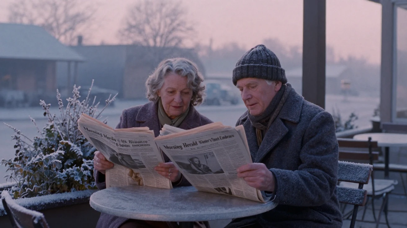 An elderly couple reading newspapers together at a café table, in the pale light just before sunrise, with frost coating every surface, in the depths of winter, in soft muted pastels, at eye level, intimate and direct.