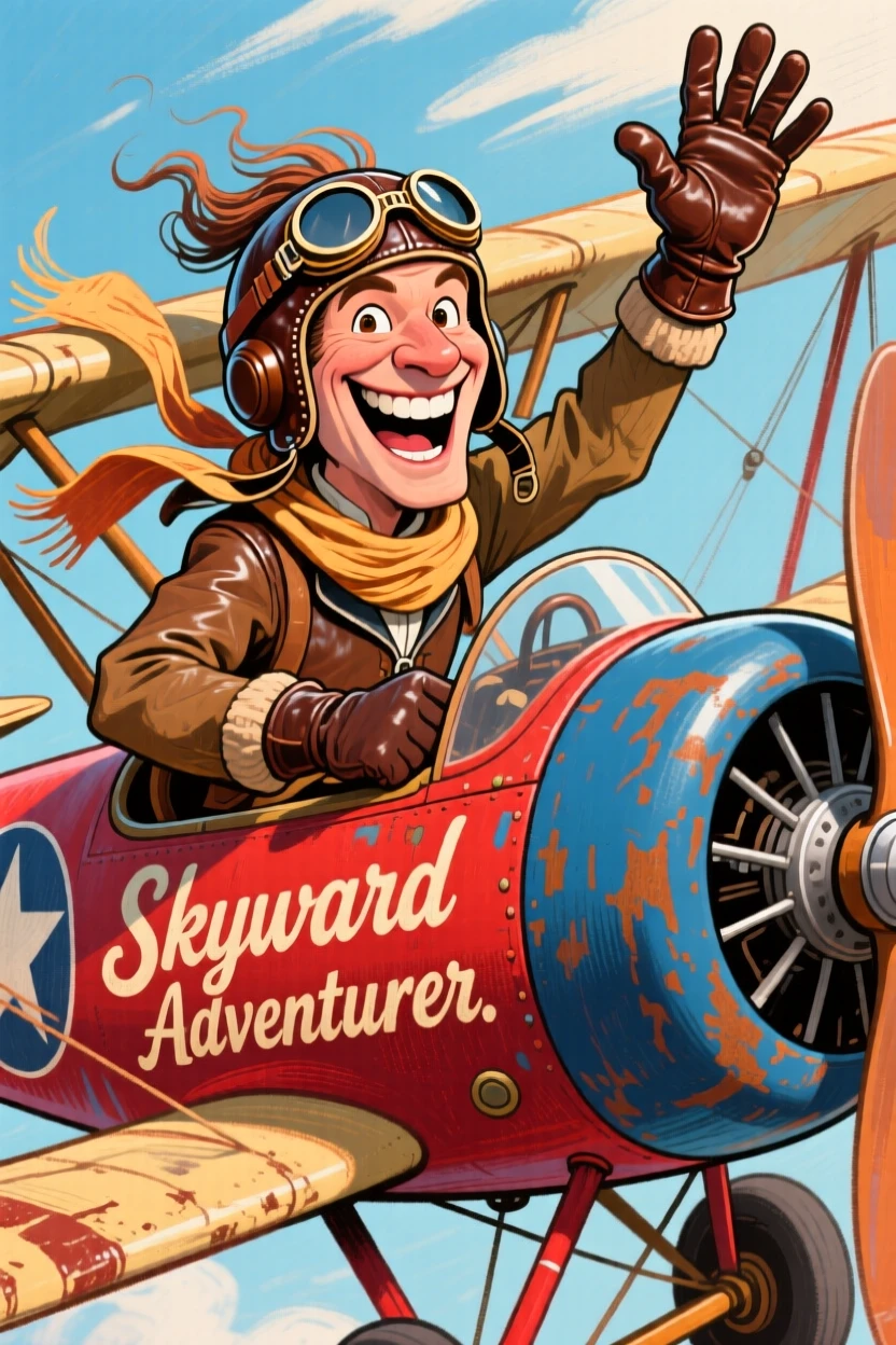 A daring aviator in leather goggles and scarf, waving from an open-cockpit biplane.