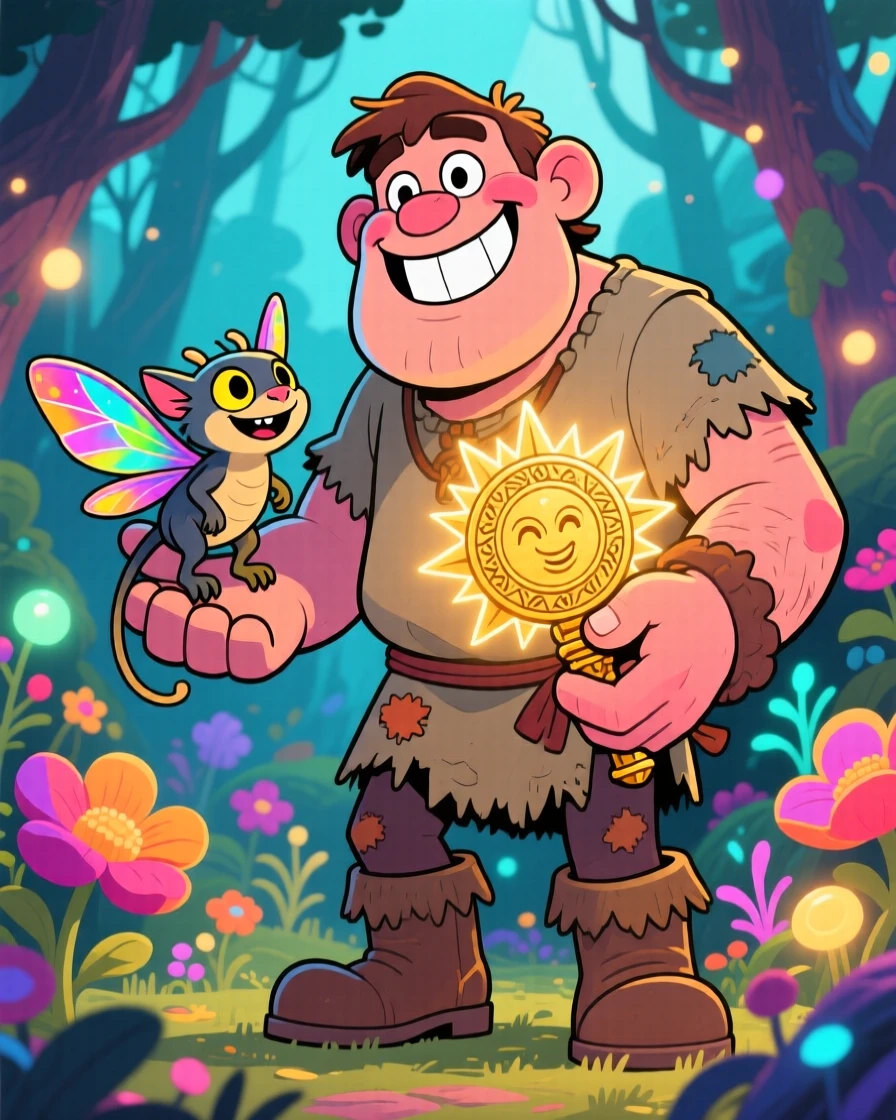 An imaginative fantasy scene of a friendly giant befriending an unlikely magical creature, with a legendary artifact clutched tightly.