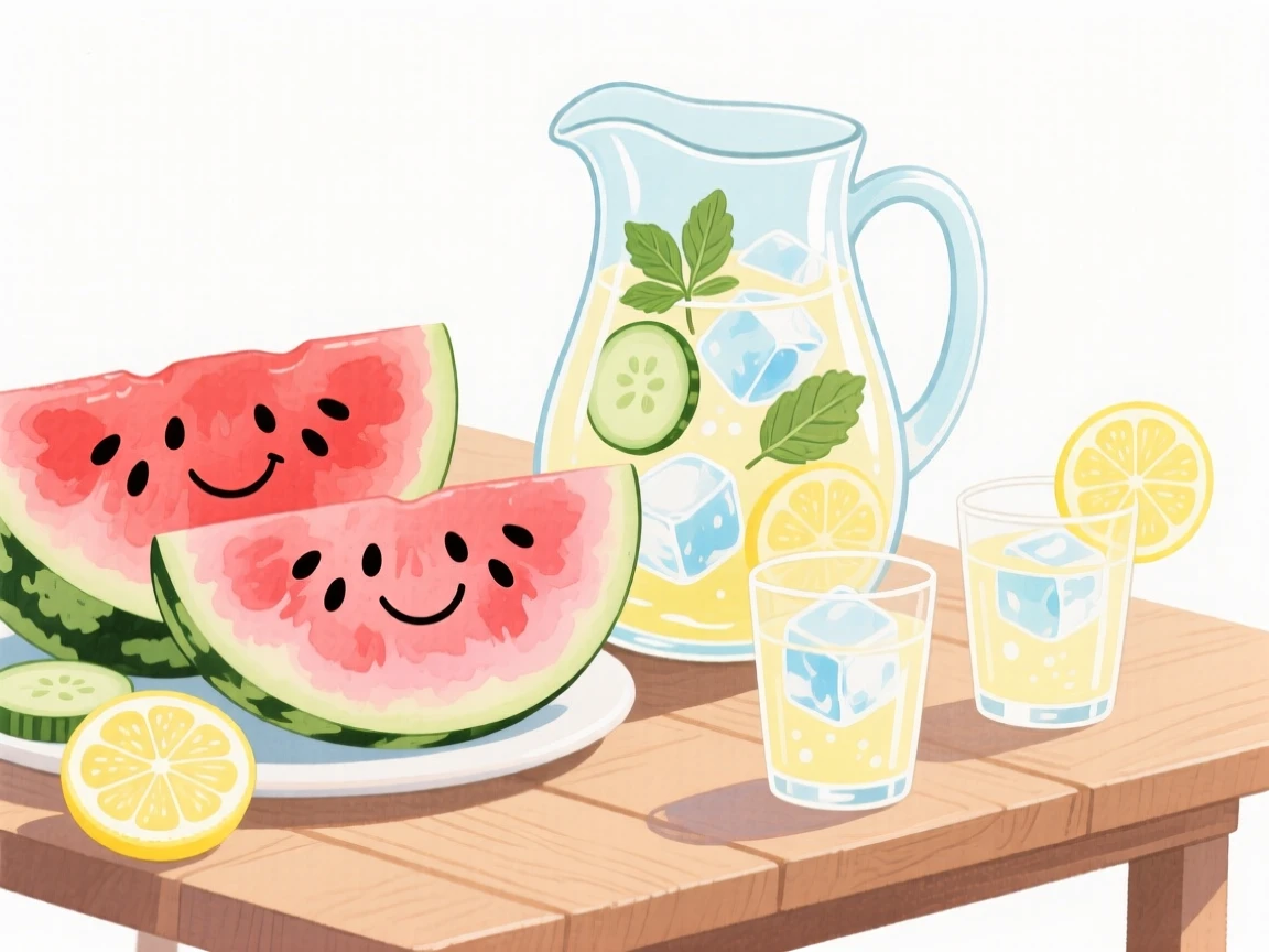 A cozy, appetizing, soft and dreamy scene of a summer table of watermelon slices and iced lemonade