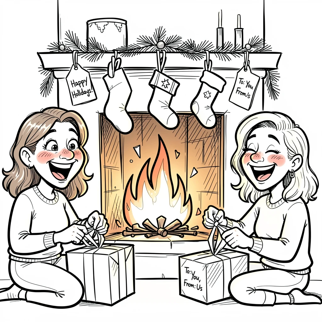 [Seasonal Holidays & Celebrations] Festive scene of a festive family wrapping presents by the fireplace, full of celebration and joy