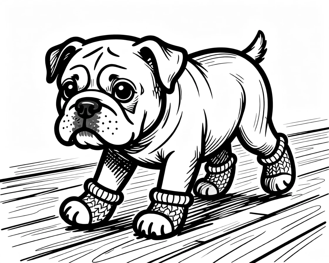A bulldog puppy wearing a knitted booties set, taking careful first steps on a wood floor.