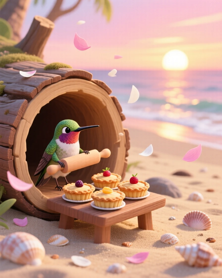 A tiny hummingbird pauses from baking tiny pies in a hollow log to look up in a sandy beach at sunrise, with petals drifting gently down.