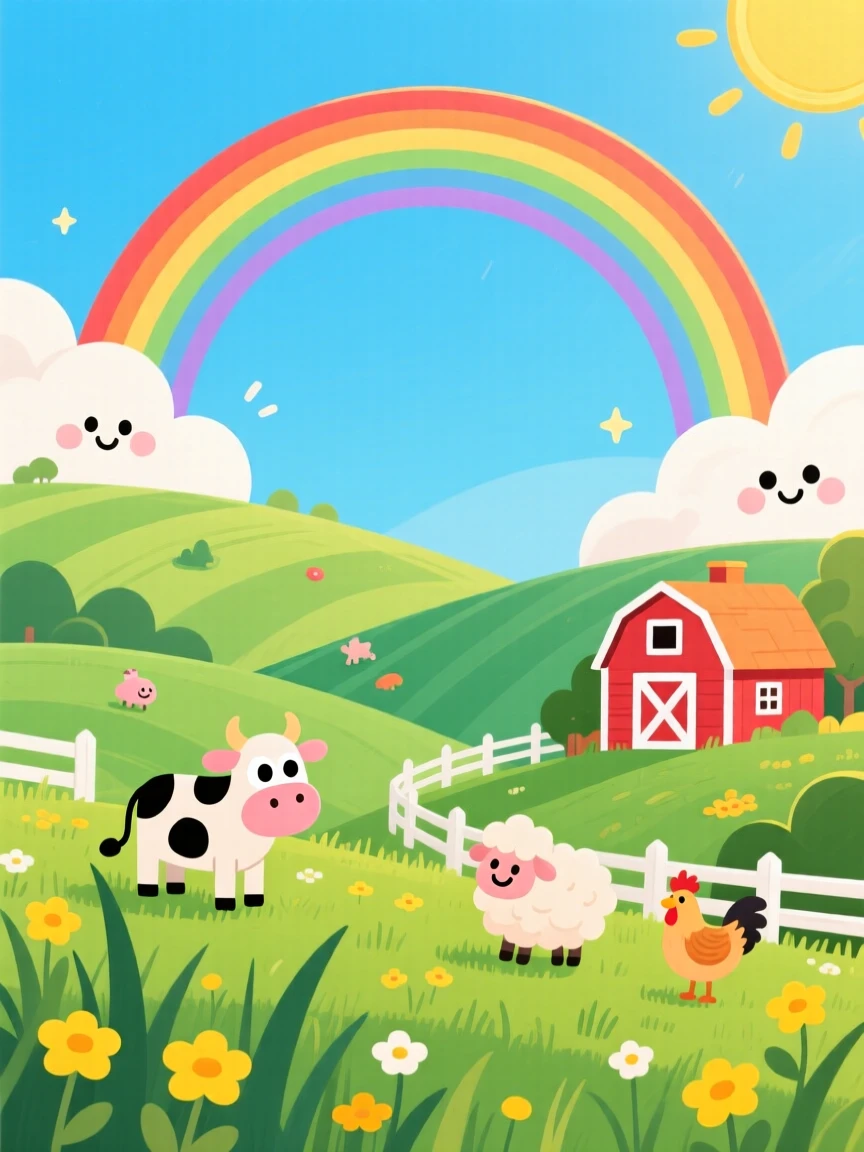 A double rainbow arching over a green hillside farm.