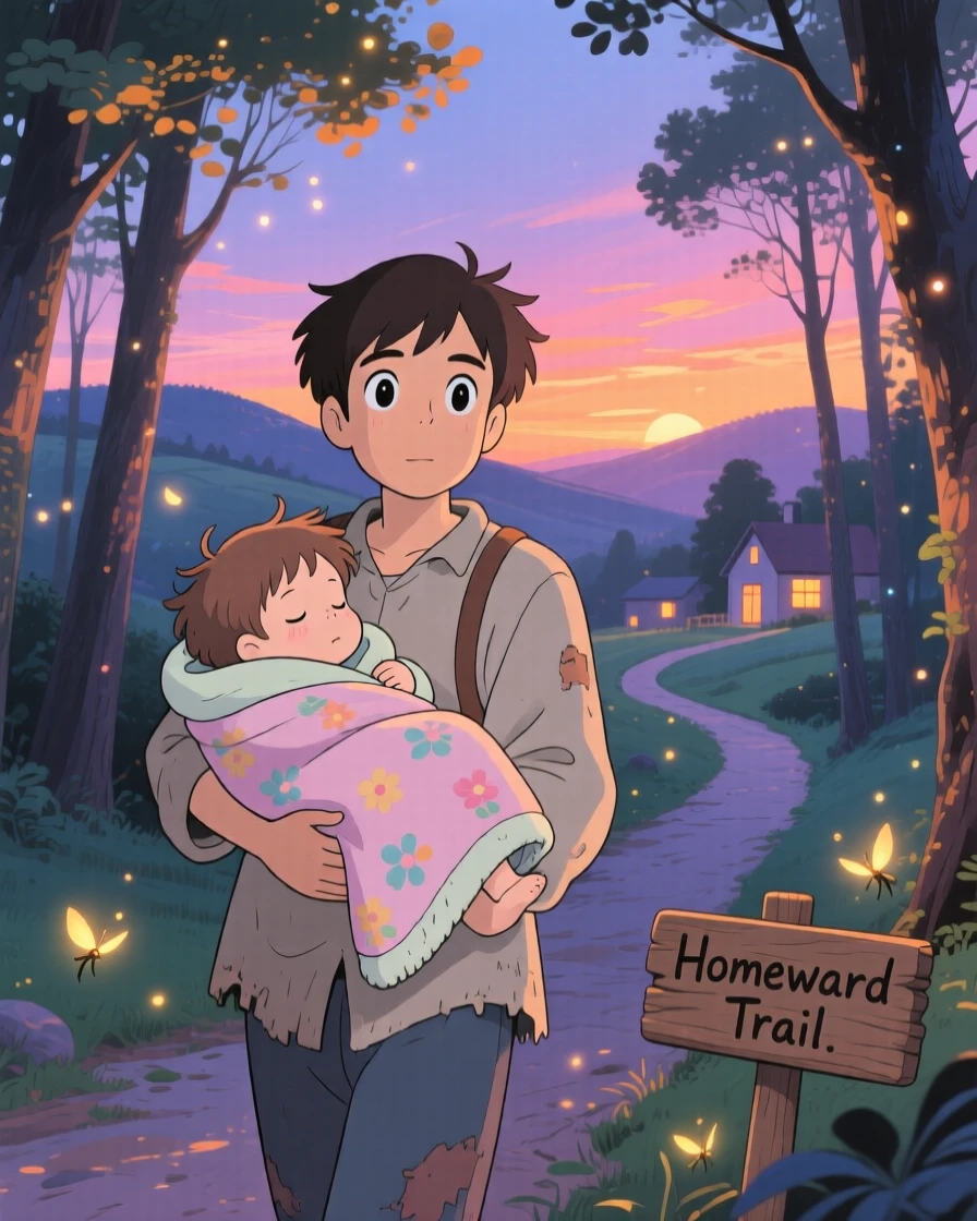 A father carrying his sleepy child home at dusk, the scene full of gentle love.