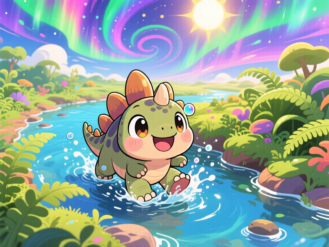 High aerial view of a baby stegosaurus, splashing through a shallow prehistoric river, in a fern-covered riverbank, beneath swirling aurora-lit skies, illuminated by bright midday sun, radiating bubbly enthusiasm.