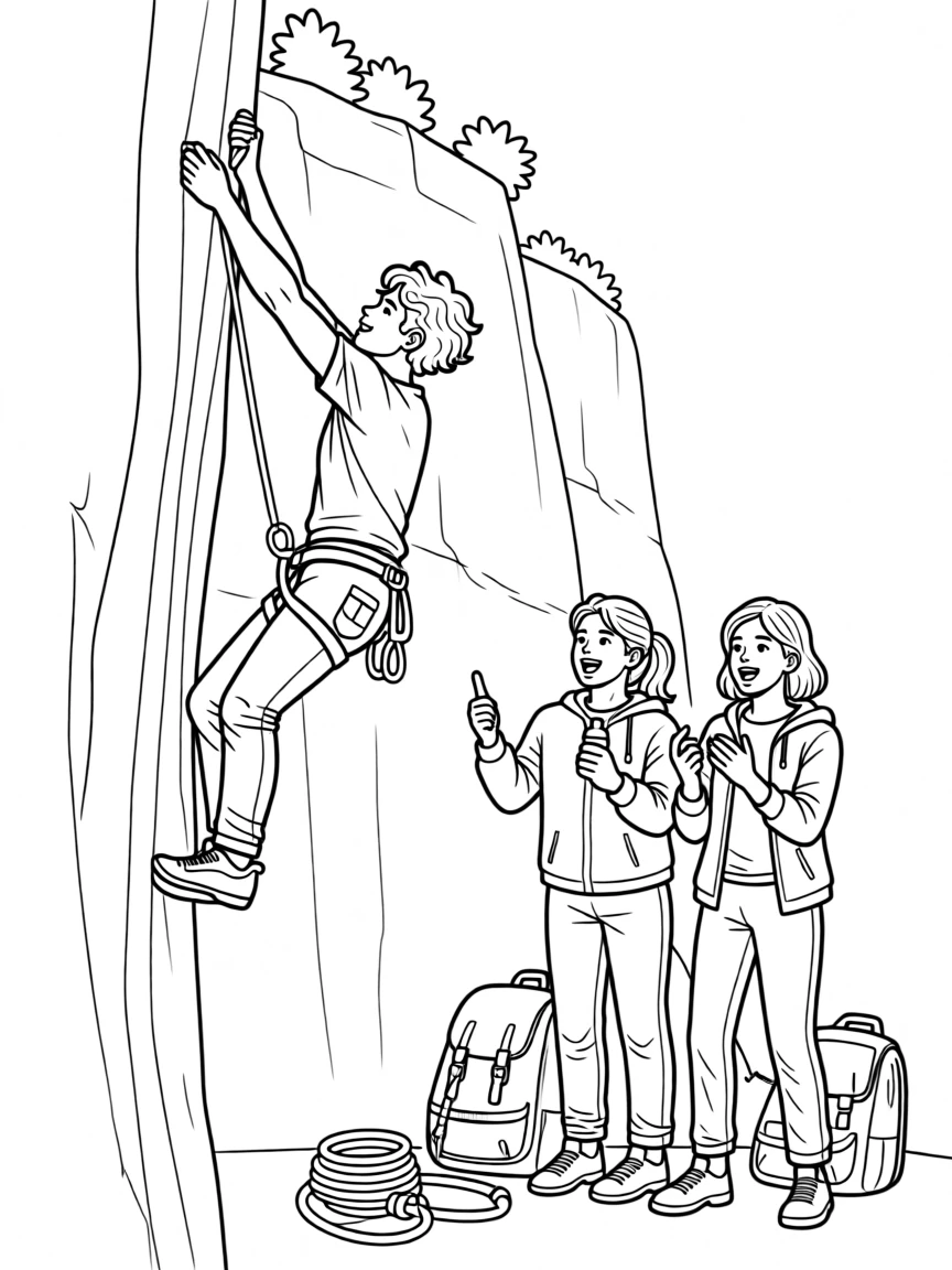 A rock climber reaching for a hold high on a cliff face, with teammates celebrating just behind.