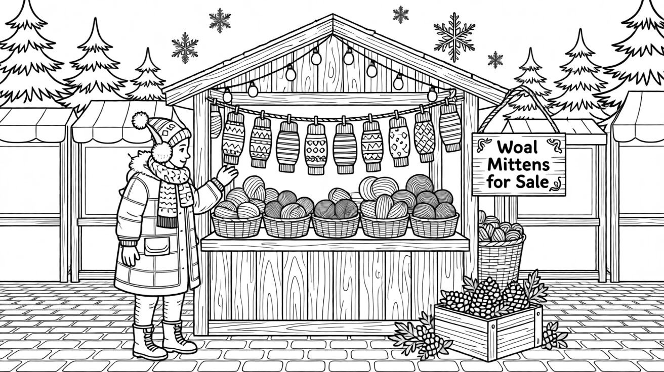 A winter market scene with wool mittens for sale.