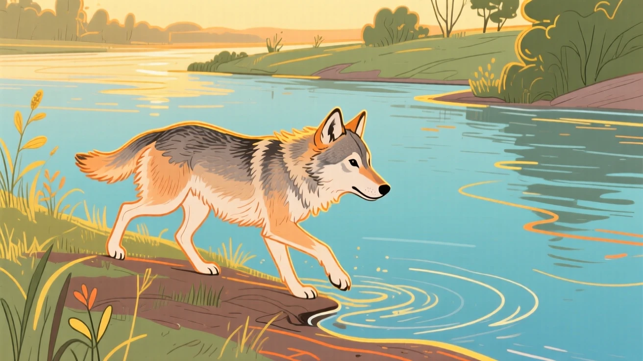 A young wolf playing along a quiet riverbank during golden hour.
