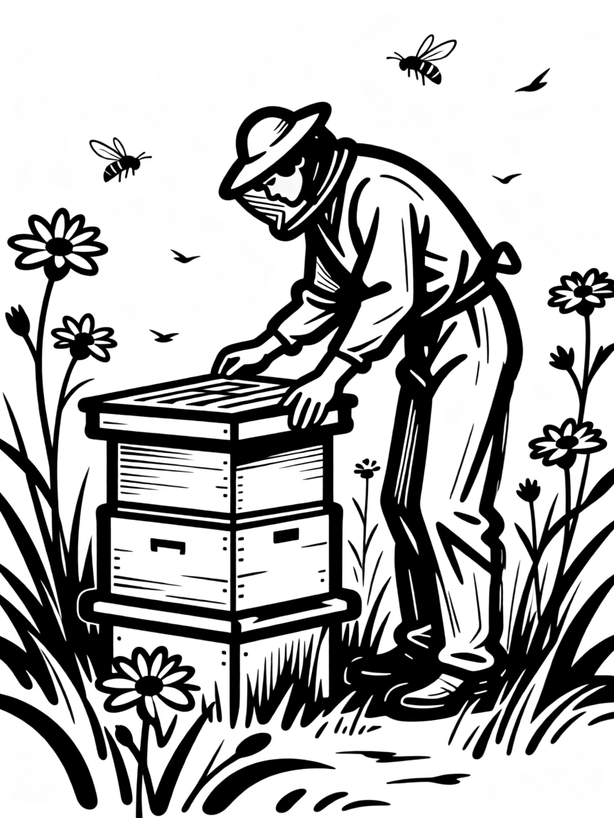 A beekeeper tending to hives in a sunlit wildflower field.