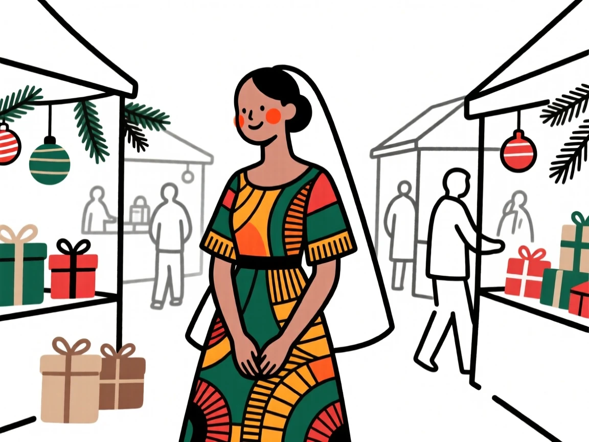 A bride wearing a colorful Ankara dress, at a bustling holiday market.
