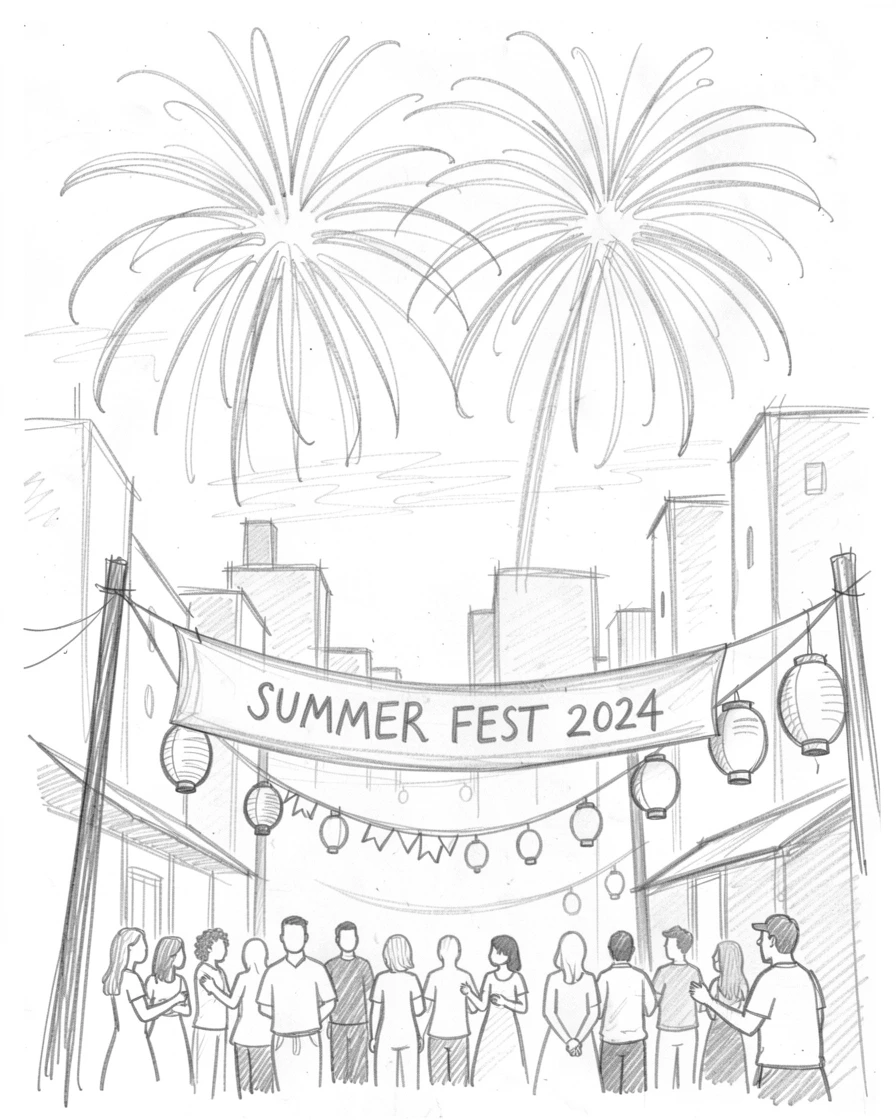 Fireworks bursting over a summer night skyline, along a festively decorated street, with an atmosphere of celebration and togetherness.