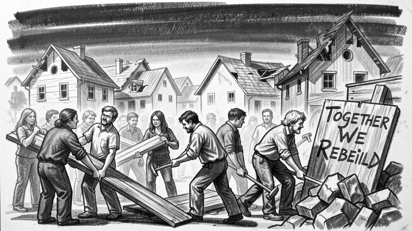 A community coming together to rebuild after a storm, beneath a sky streaked with sunset colors.