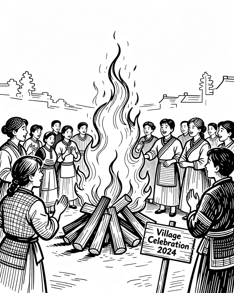 A traditional village celebration with a bonfire lighting up the night sky.