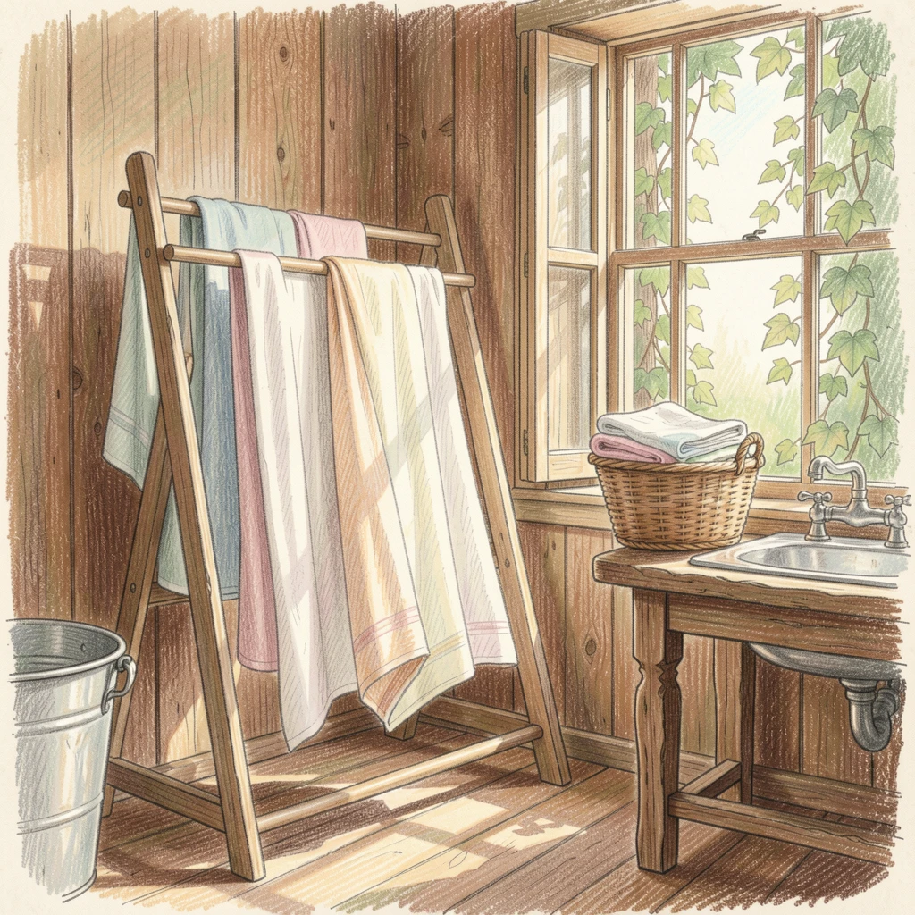 A rustic farmhouse laundry room with linens drying in the sun, set against a softly lit, atmospheric backdrop, celebrating a moment people would love to revisit.