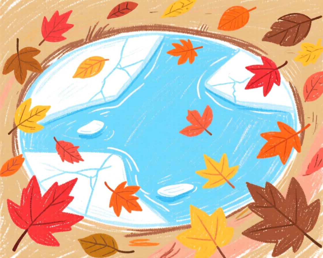 A view of a frozen pond surrounded by drifting autumn leaves.