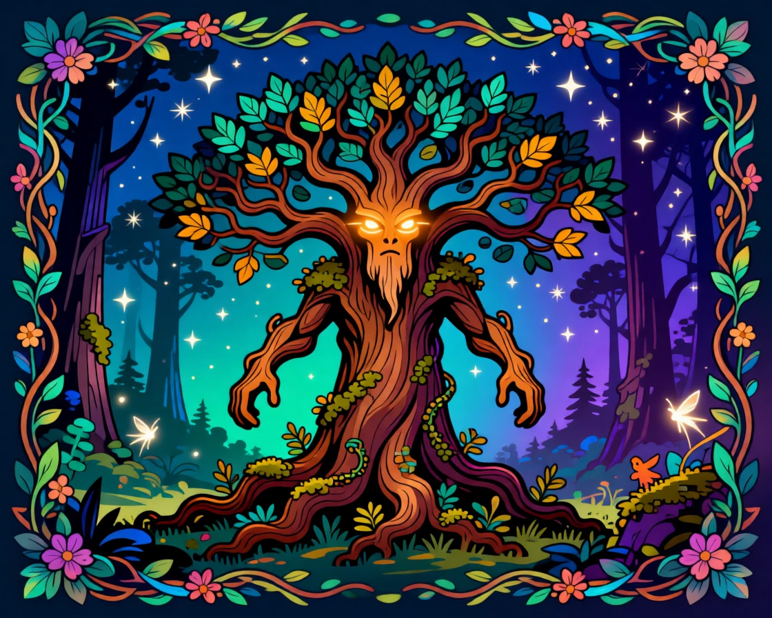 A wise old tree spirit with glowing eyes in an ancient forest, set against a starry night sky filled with soft color, framed with a whimsical, imaginative composition, with rich jewel tones that evoke wonder and imagination.