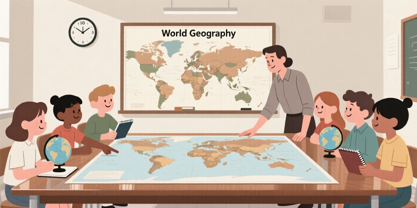 A geography class exploring a large world map spread across a table.