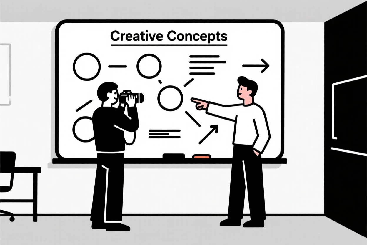 A photographer collaborating with colleagues in a quiet design studio, near a whiteboard full of ideas, full of professional pride.