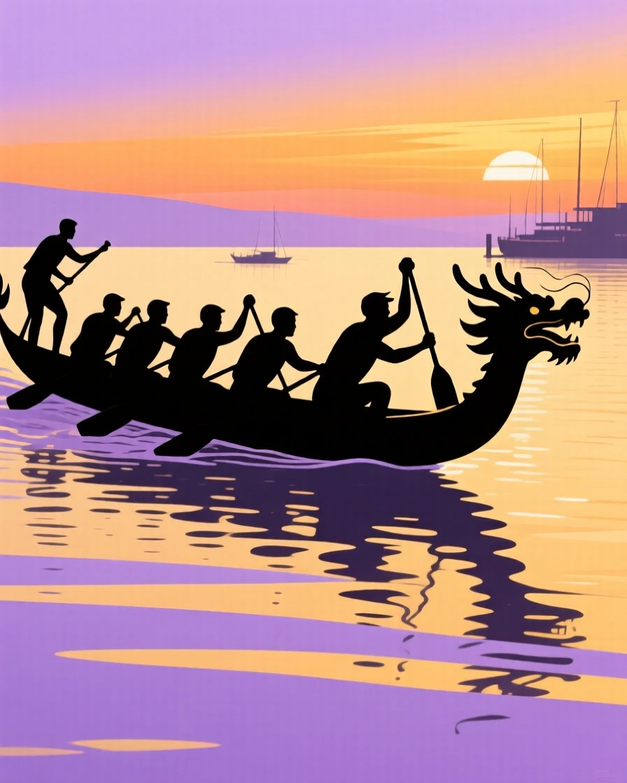 A group of paddlers racing dragon boats across a calm harbor.