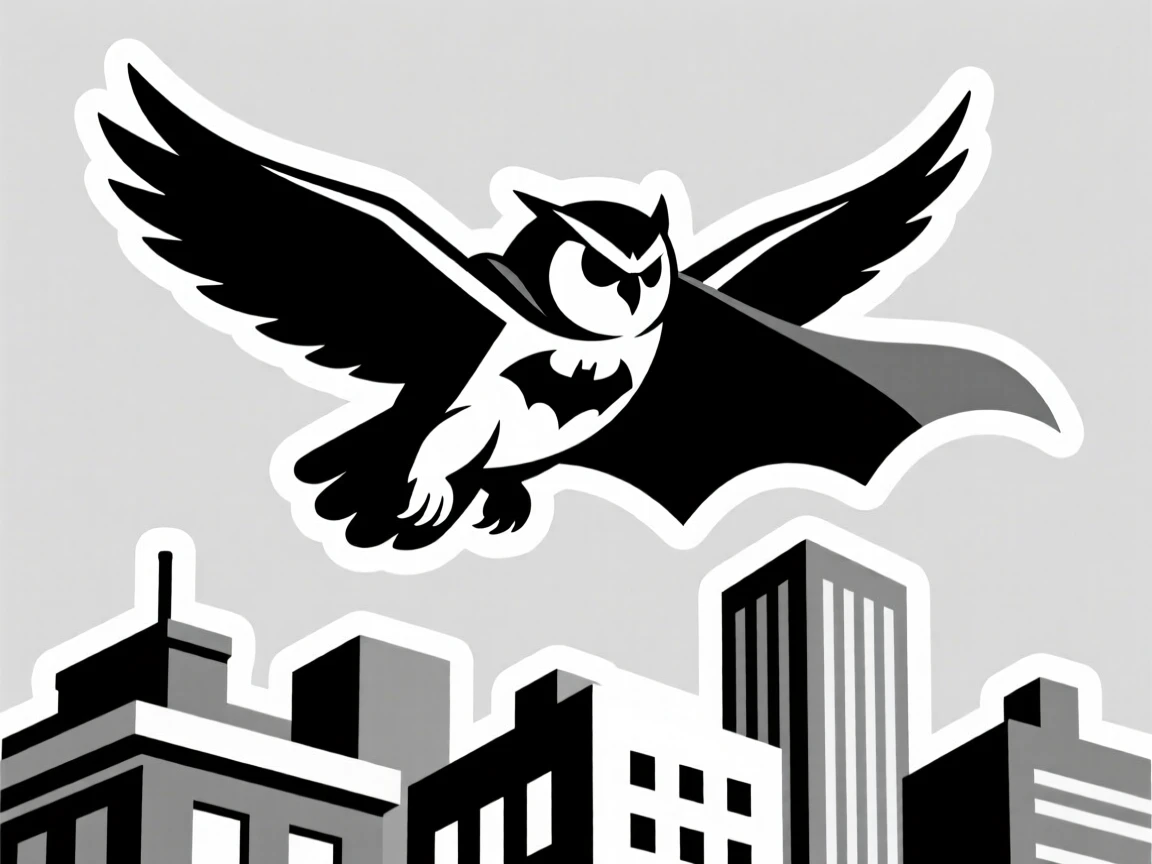 A bold and heroic superhero owl soaring above city rooftops, ready for the next big adventure, as part of a fun original story.