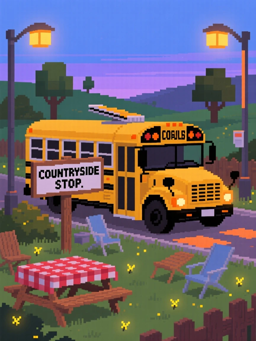 A school bus waiting at a countryside stop gathered close as the streetlights flicker on, in a backyard set up for a summer evening.