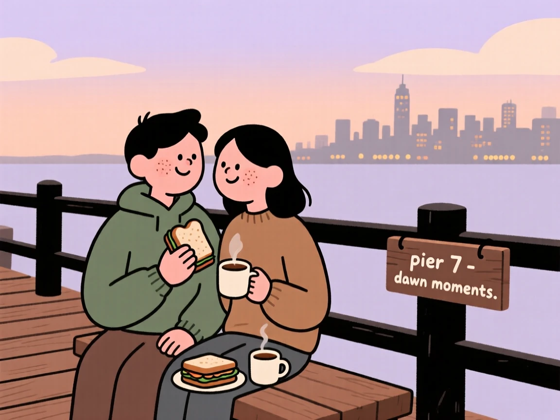 A couple shares a quiet moment on a pier railing at dawn, sharing a simple meal as the city lights begin to glow surrounds them.